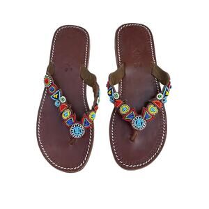 Handmade Beaded Leather Sandals Boho Size 9 Flip Flops Genuine Vera Pelle EU 40